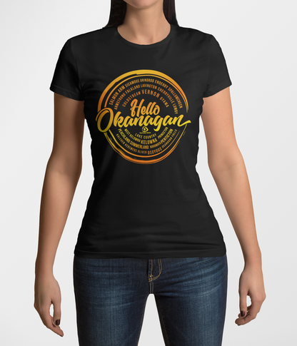 Hello Okanagan Towns Sunset Fitted Black Ladies T-shirt