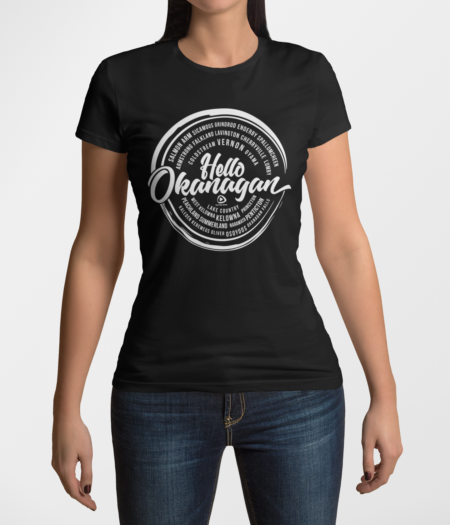 Hello Okanagan Towns White Logo Fitted Black Ladies T-shirt