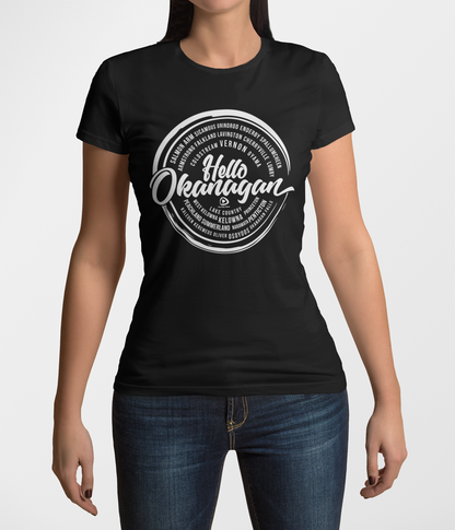 Hello Okanagan Towns White Logo Fitted Black Ladies T-shirt