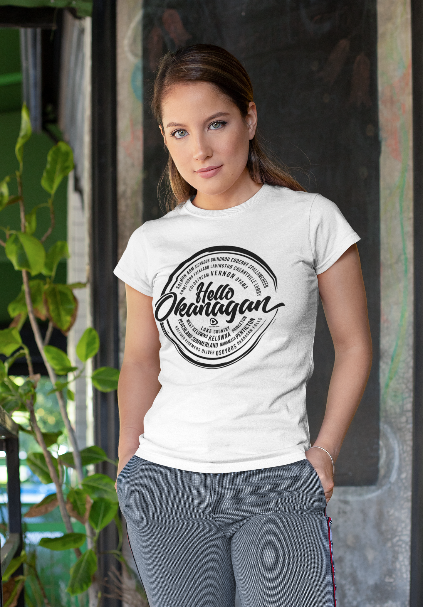 Hello Okanagan Towns Black Logo Fitted White Ladies T-shirt