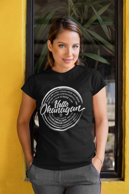 Hello Okanagan Towns White Logo Fitted Black Ladies T-shirt